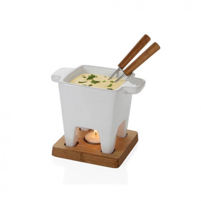 Fondue set white sandstone 6,8oz/200ml with oakwood plate - Life - Boska
