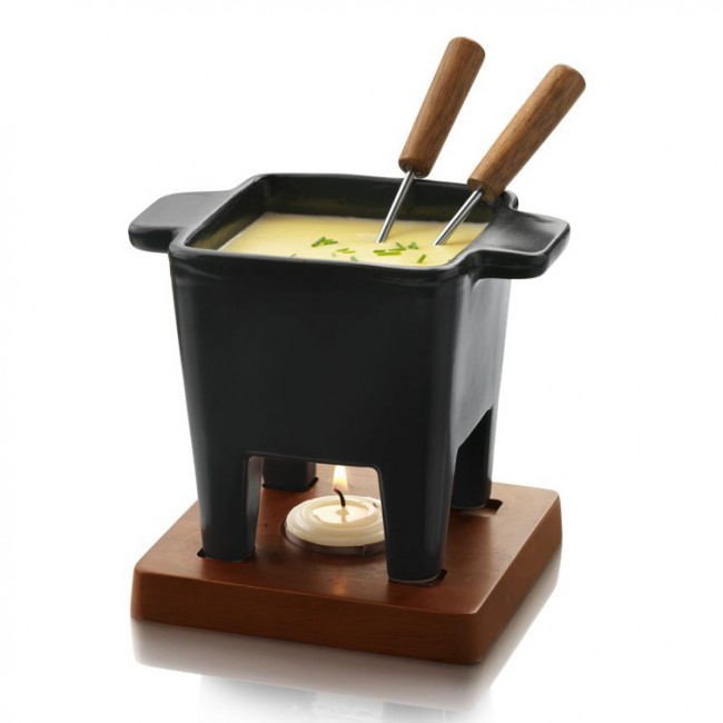 Fondue set black sandstone 6,8oz/200ml with oakwood plate - Life - Boska