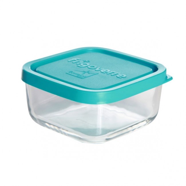 Square glass food container turquoise plastic lid 4 x 4 " / 10 x 10 cm - Frigoverre - Bormioli Rocco