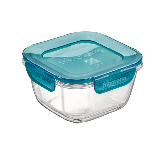 Square glass food container airtight blue plastic lid 5.5 x 5.5 x 8" / 14 x 14 x 8cm - Frigoverre - Bormioli Rocco