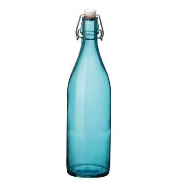 Sky blue glass bottle 34 oz / 1 L 3 x 3 x 13" / 8 x 8 x 32 cm - Giara - Bormioli Rocco
