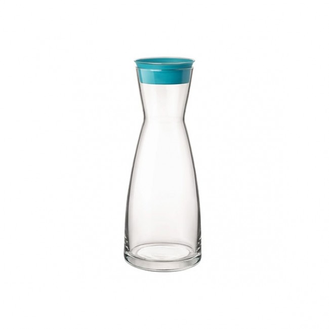 Transparent glass carafe 32 oz / 1L with plastic blue azure lid - Ypsilon Brio - Bormioli Rocco