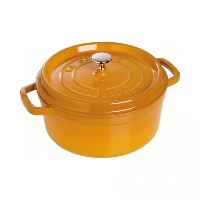 Cocotte ronde 24 cm en fonte émaillée jaune moutarde - Vitamines - Staub