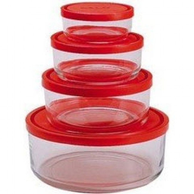 Round glass storage boxes red plastic lid Ø 4",6",7",9" (11,15,18,23cm) - Set of 4 - Gelo Box - Bormioli Rocco