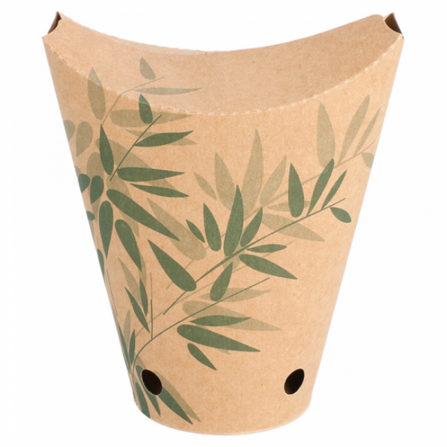 Brown cardboard French fries cup 12oz / 360ml 2x5" (6.7x12.5cm) green leaves patterns - Feel Green - AZ Boutique