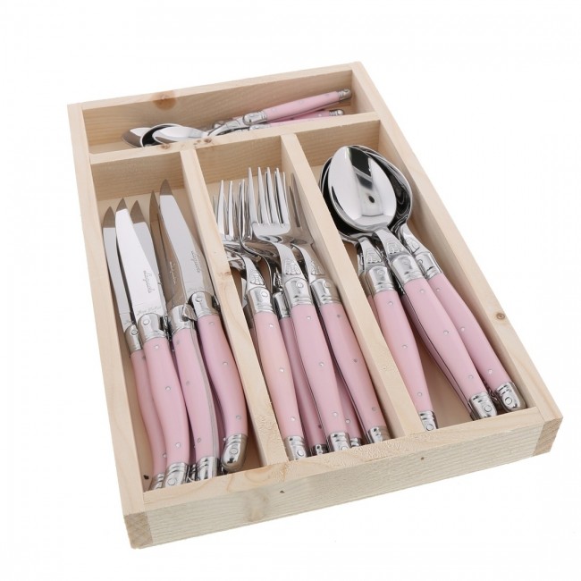 24 pieces pink handle stainless steel cutlery set in wooden