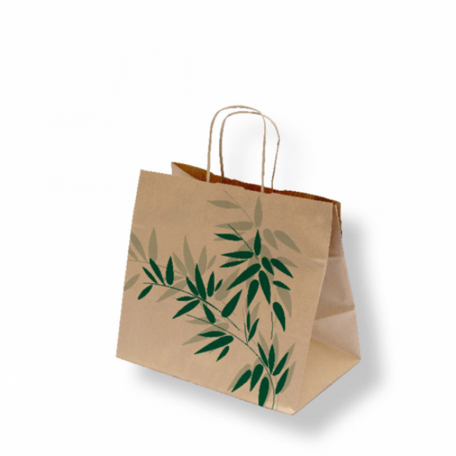 Brown SOS carrier bag 80g/m² 10x7x9" (26x17x24) green leaves patterns - Set of 250 - Feel Green - AZ Boutique