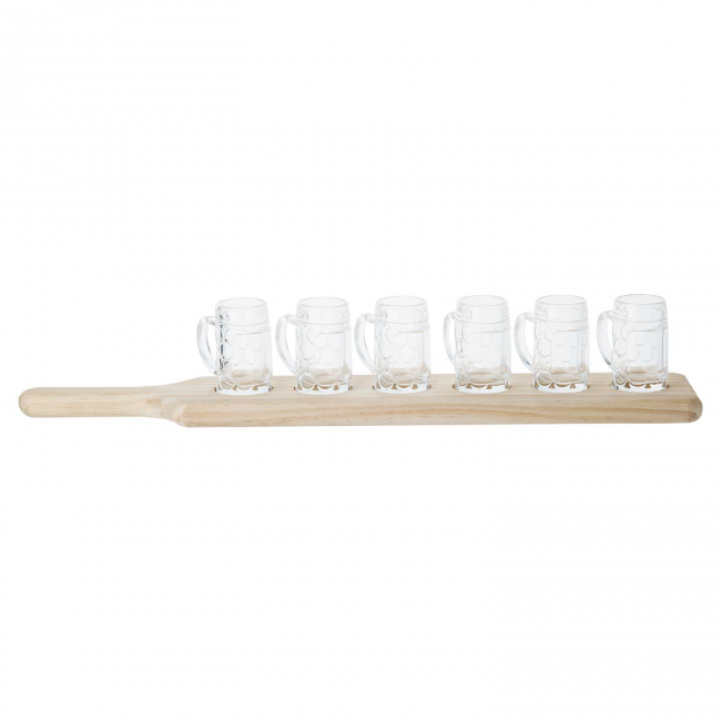 6 transparent appetizer glasses with wooden board 19.3 x 3.5 x 3.5 in / 49 x 9 x 9 cm