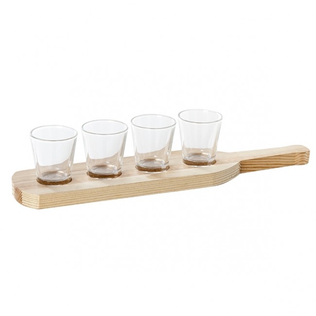 4 appetizer glasses 2oz / 5cl on wooden tray 14 x 3x 1" (35 X 7,5 X 2 cm)