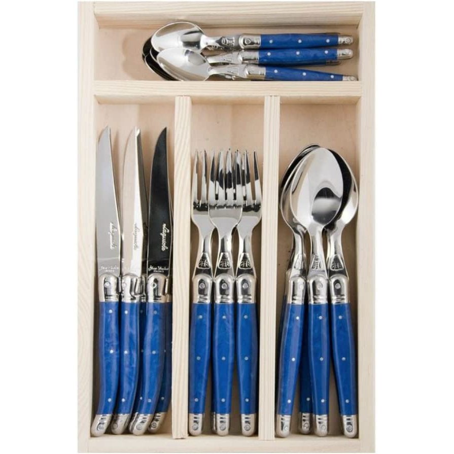 24 pieces blue handle stainless steel cutlery set in wooden tray