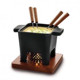 Fondue set black sandstone 13,5oz/40cl with oakwood plate