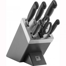 Wooden knife block with integrated sharpener - 7 pieces - black handle
