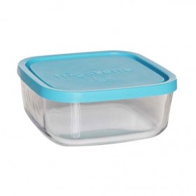 Square glass food container blue plastic lid 6 x 6 " / 15 x 15 cm