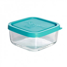 Square glass food container turquoise plastic lid 4 x 4 " / 10 x 10 cm