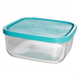 Square glass food container turquoise plastic lid 9 x 9 " / 22 x 22 cm