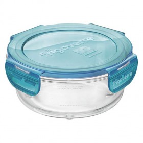 Round glass food container airtight blue plastic lid 5.5 x 2" / 14 x 6.5cm
