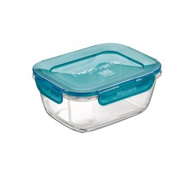 Rectangular glass food container airtight blue plastic lid 7 x 5.5" / 18 x 14cm