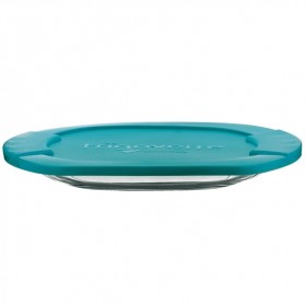 Oval glass food container turquoise plastic lid 11 x 7 " / 27 x 19,5 cm