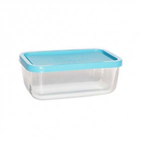 Rectangular glass food container blue plastic lid 8 x 5 " / 21 x 13 cm