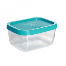 Rectangular glass food container turquoise plastic lid 5 x 4 " / 13 x 10 cm