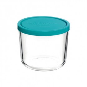 Round high glass food container turquoise plastic lid