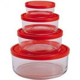 Round glass storage boxes red plastic lid Ø 4",6",7",9" (11,15,18,23cm) - Set of 4