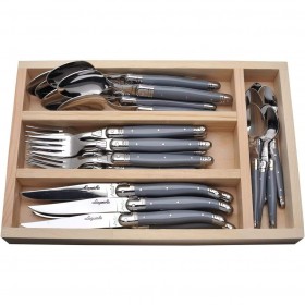 24 pieces grey stainless steel cutlery set - wooden tray