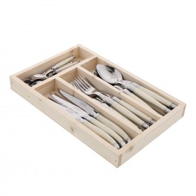 24 pieces ivory handle stainless steel cutlery set in wooden tray