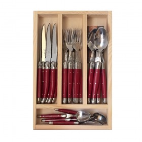 24 pieces red handle stainless steel cutlery set in wooden tray