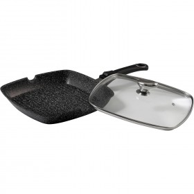 Stone style grill pan cast aluminium 11 x 11" / 28 x 28cm - Glass lid