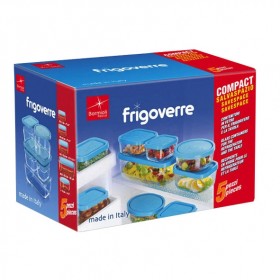 Set of 5 glass containers plastic blue lids - 3 rectangular, 1 square, 1 round