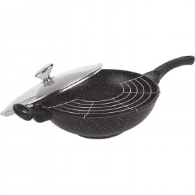 Wok 12,6" / 32cm "stone style" cast aluminium - glass lid