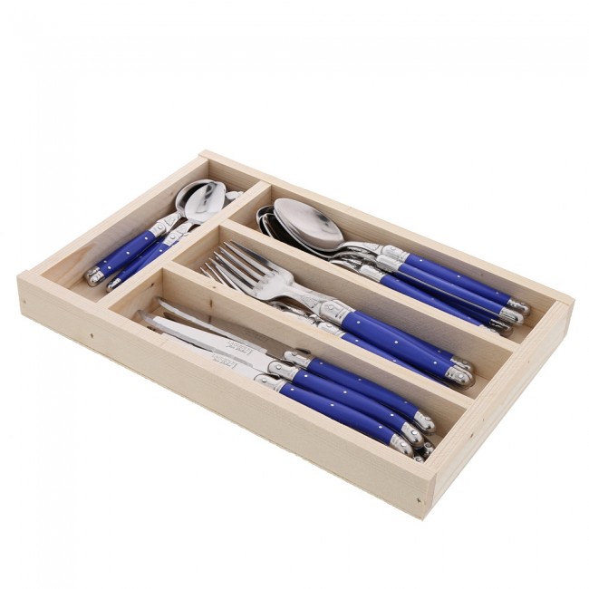 24 pieces blue handle stainless steel cutlery set in wooden tray