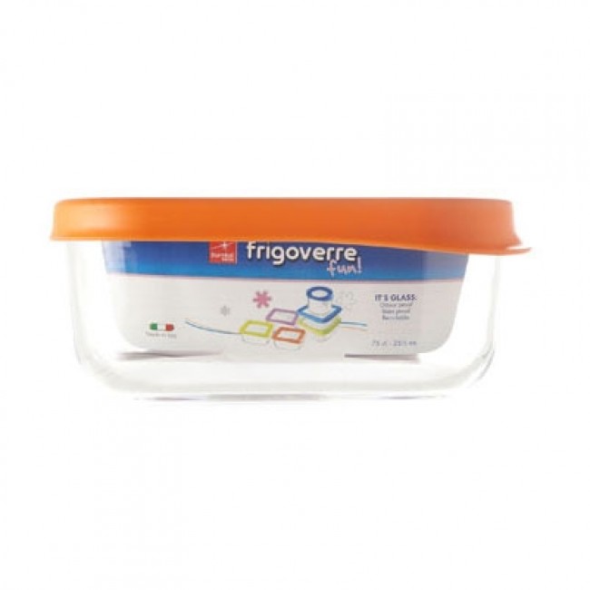 Square glass food container orange plastic lid 6 x 6 / 15 x 15 cm -  Frigoverre - Bormioli