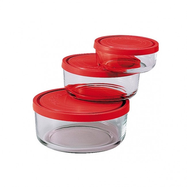 Round glass containers red plastic lid 4",6",7" (11,15,18cm) Set of 3