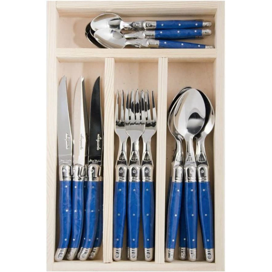 24 pieces blue handle stainless steel cutlery set in wooden tray