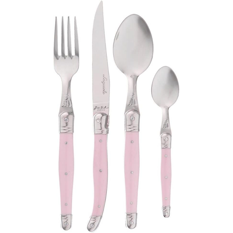 24 Pieces Pink Handle Stainless Steel Cutlery Set in Wooden Tray - Jean Dubost - Laguiole